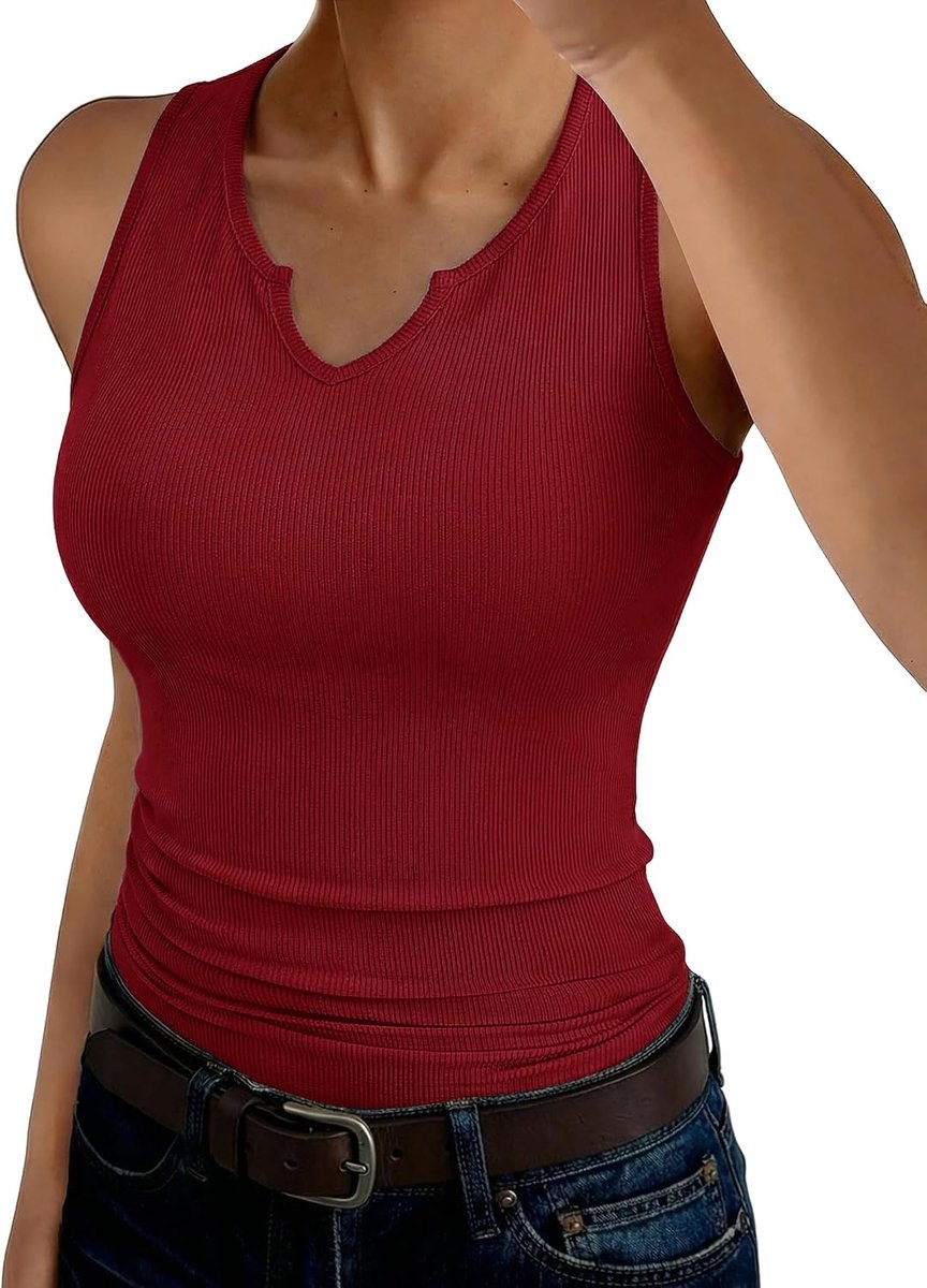 Tanktop voor dames, V-hals, bovenstuk, zomer, slimfit, tanktop, geribbeld, sexy tops, stretch, basic shirt, mouwloos, casual, effen