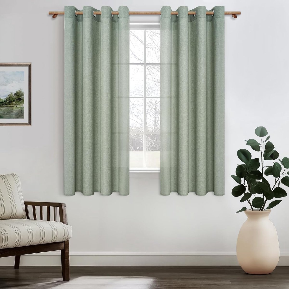 Gordijnen, linnen, set van 2, 180 cm lang, 140 cm breed, halftransparant, met inslagringen, voor slaapkamer, moderne linnen gordijnen met inslagringen, voor stijlvolle raamdecoratie