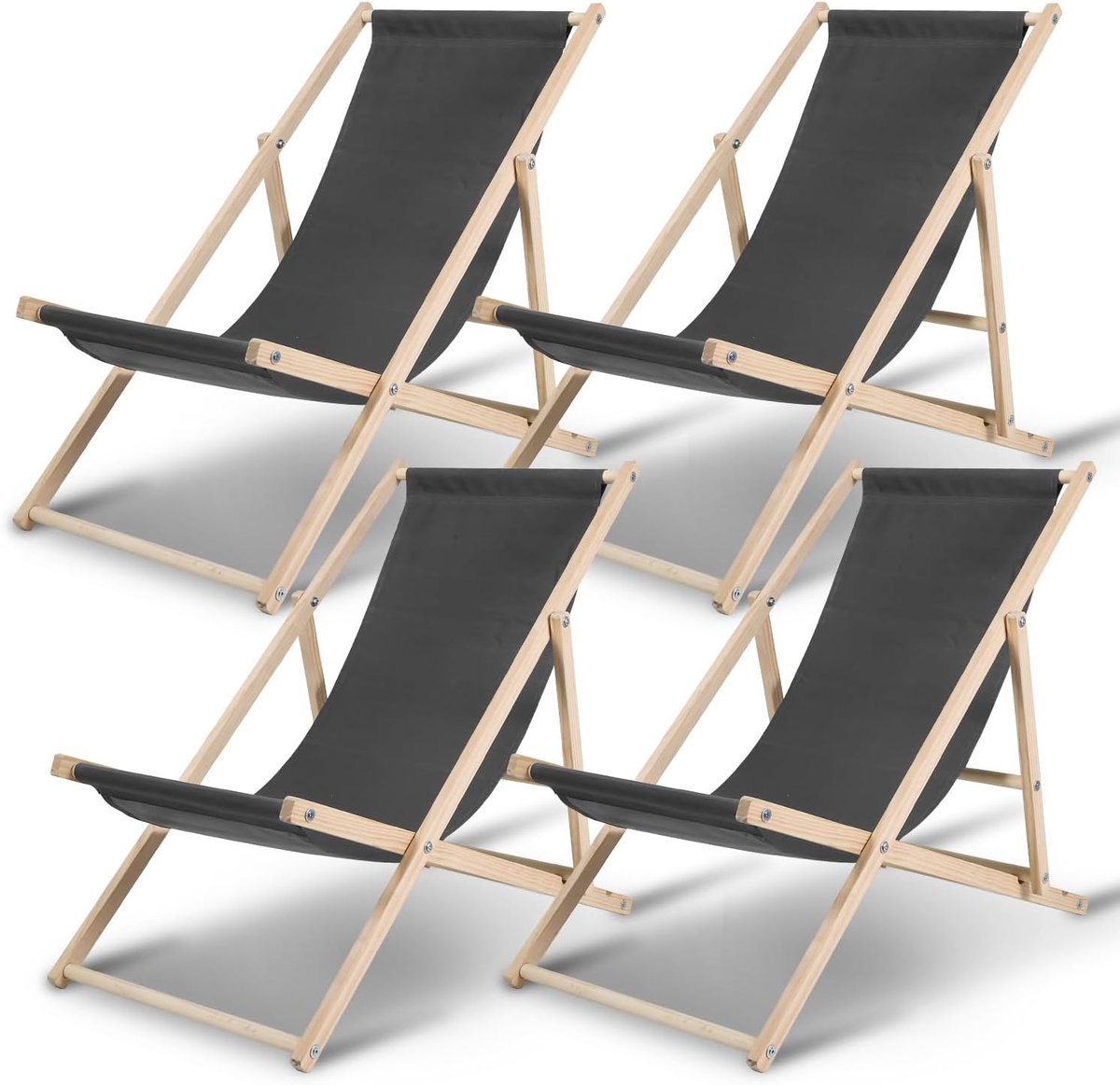 Set van 4, inklapbaar hout, ligstoel van grenenhout met 3-traps rugleuning, belastbaar tot 120 kg, 420D Oxford, tuinligstoel, dubbelpak voor balkon, strand en camping, grijs