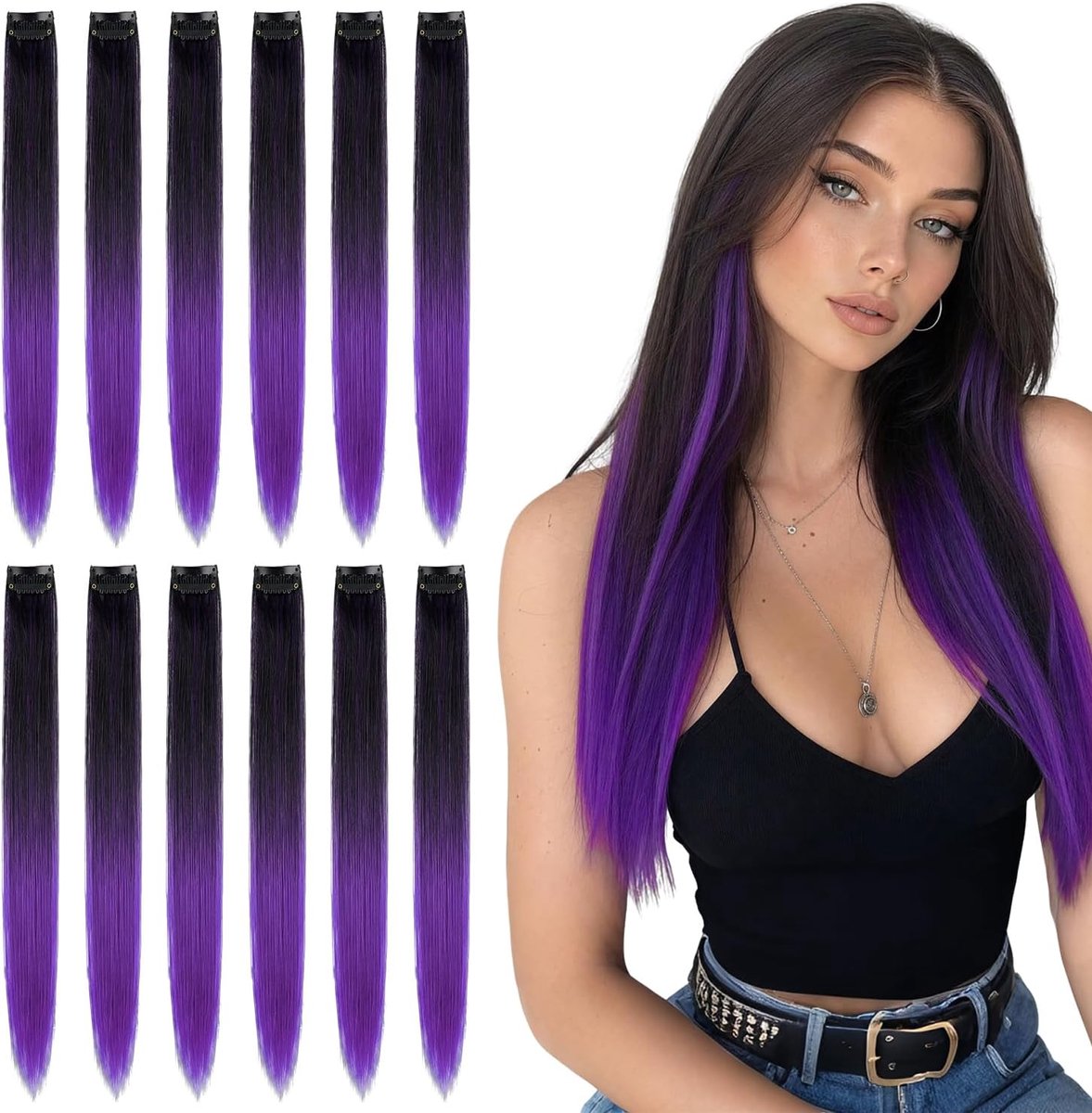 12-delige Ombre Clip-in Haarverlengingen Zwart naar Donkerpaars 55cm, Gothic Stijl voor Vrouwen
