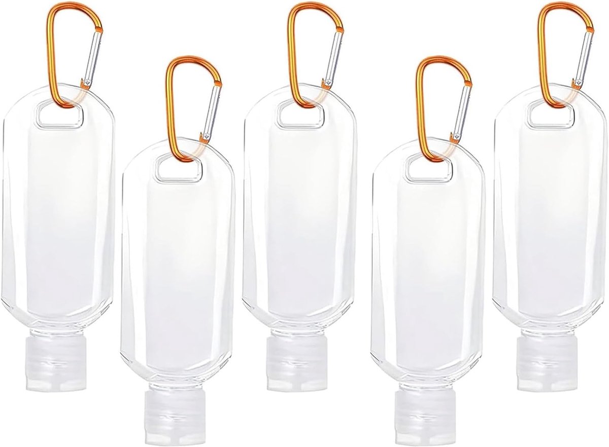 Handdesinfecterend reisflessen, 5 stuks 50 ml doorzichtige draagbare lekvrije gelcontainers met karabijnclip voor reizen, sportschool, sleutelhanger en tas (transparant)