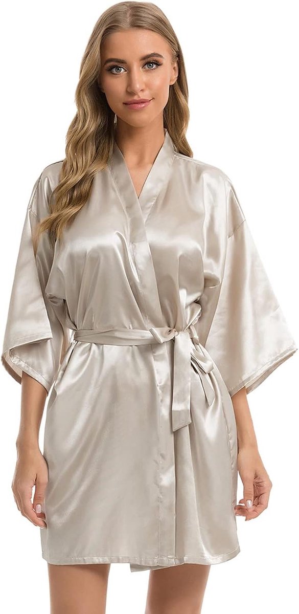 Dames Ochtendjas Kimono Satijn Robe Korte Nachtkleding V-hals Badjas met Riem