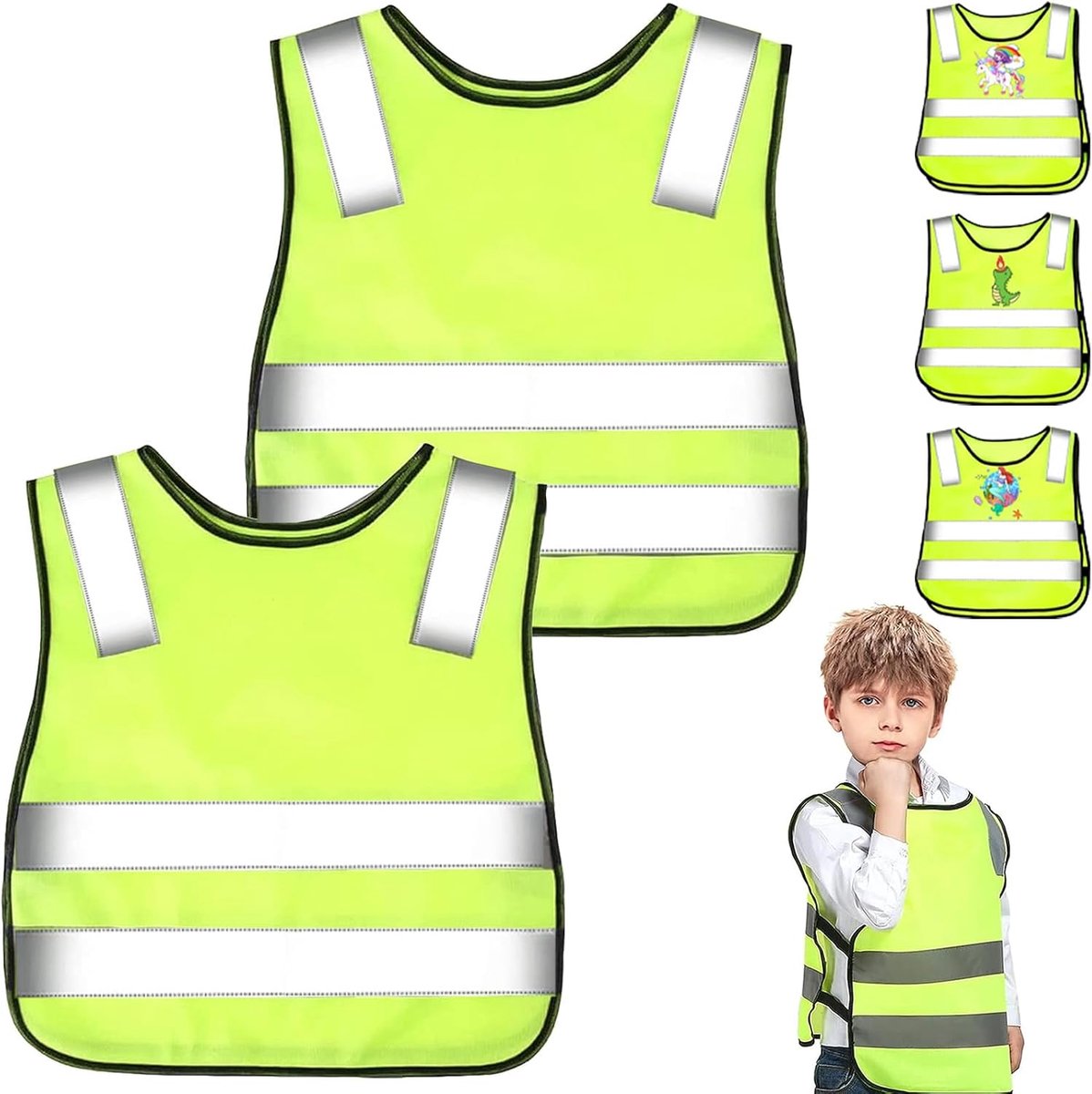Veiligheidsvest voor kinderen, 2 stuks, reflecterend veiligheidsvest voor kinderen (3-12 jaar), 360 graden reflector, vest, sterk zichtbaar, voor school, sport en wegverkeer, universele