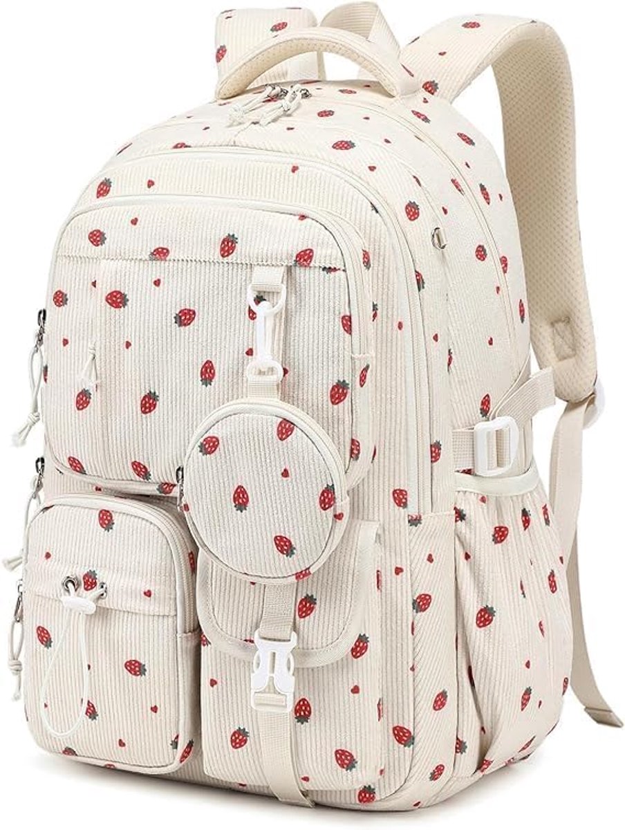 Rugzak meisjes, schoolrugzak tiener voor meisjes 1e - 5e klas met leuke muntzak, modieuze schooltas met ademend ontwerp, casual kinderrugzak voor school en reizen, aardbeienhart, Dagrugzak