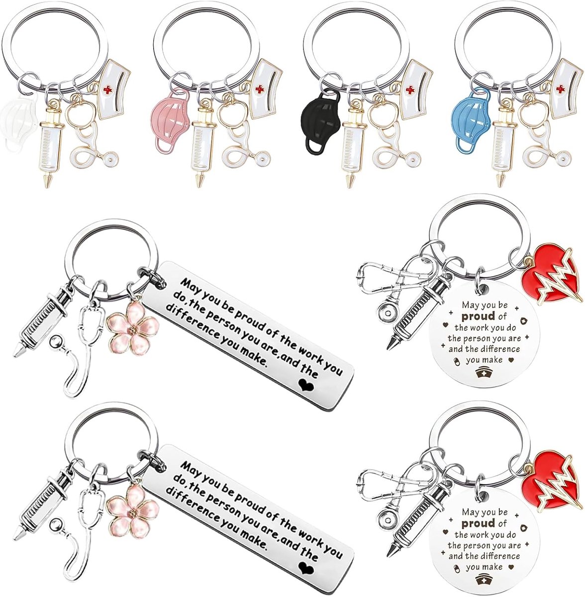 Verpleegkundige verpleegster sleutelhanger stethoscoop verpleegster hoed nieuwigheid metalen sleutelhanger hangende hanger voor arts verpleegster geschenken, 8 stuks