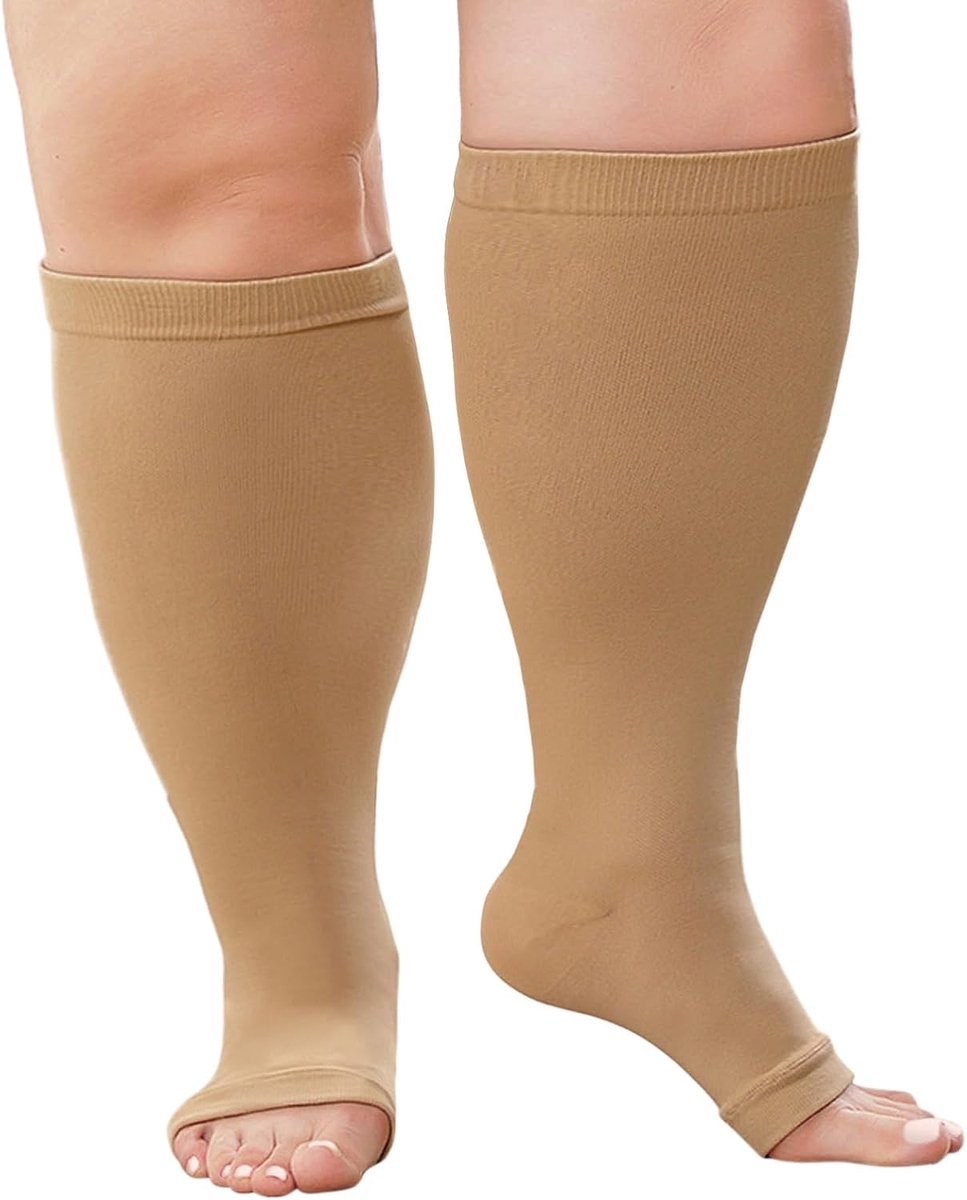 Sokken: Compression Socks Grote Maten Wijde Kuit Open Teen 20-30 mmhg voor Verpleegster Hardlopen Sport Reizen Zwangerschap Zwart Beige 1 Paar