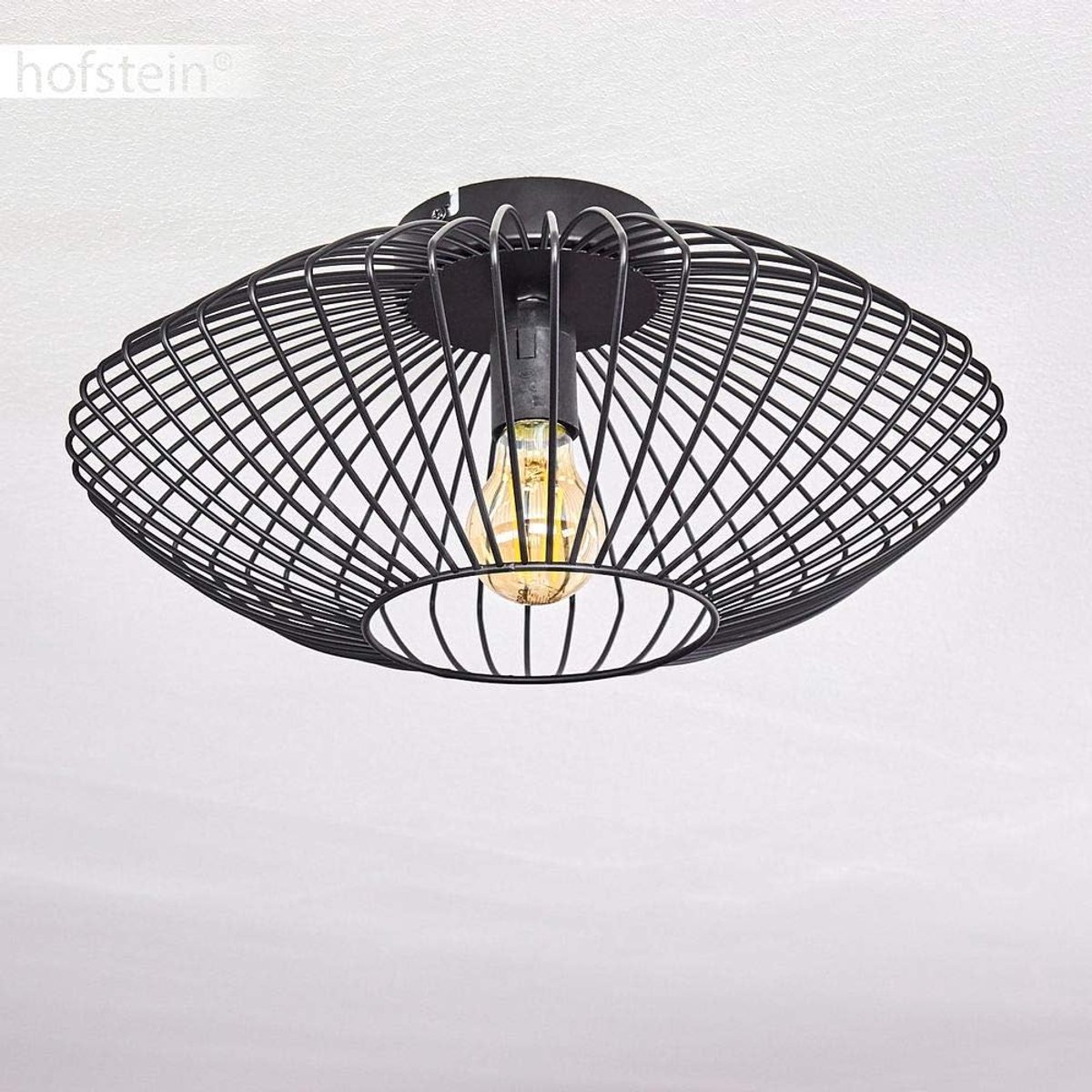 Plafondlamp Wemude, ronde metalen plafondlamp in zwart, 1-lamp, E27 fitting, retro licht met rastereffect,zonder gloeilampen