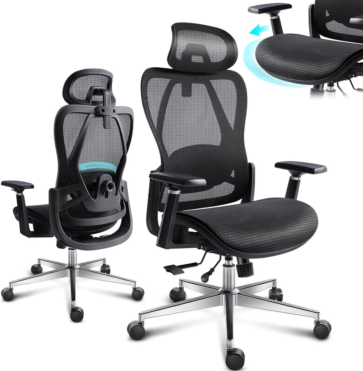 Bureaustoel, Bureaustoel met 3D Armsteunen, Verstelbare Zitdiepte en Lendensteun, Office Chair voor Kantoor en Thuiswerken, Zwart