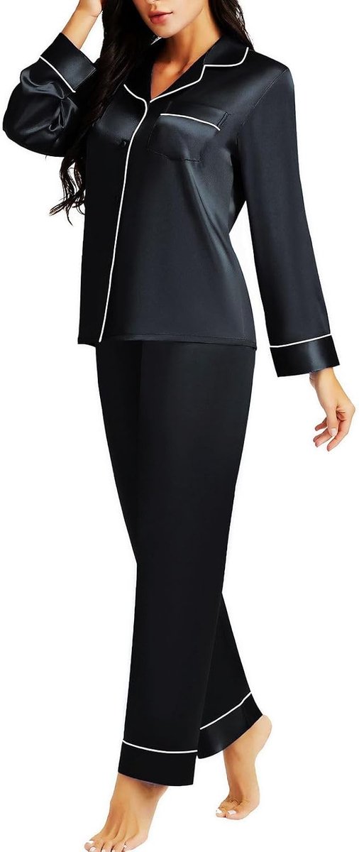 Silk Satin Pajamas Set Sleepwear Loungewear Black XS