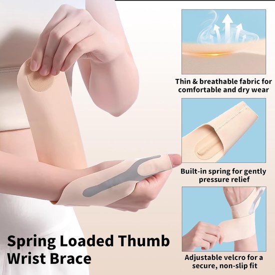 1 paar duimsteun met verstelbare ondersteuning, duimsteun rechts en links, verlichting van tenosynovitis, carpaal tunnel en gewrichtspijn, zacht, elastisch, ademend (beige, M) — afbeelding 4