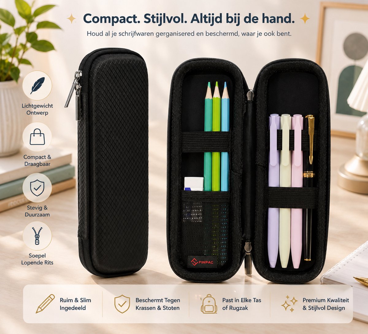 EVA harde schooltas etui voor kantoor met ritssluiting - pennenorganizer - Zwart - 20 x 6 x 3 cm