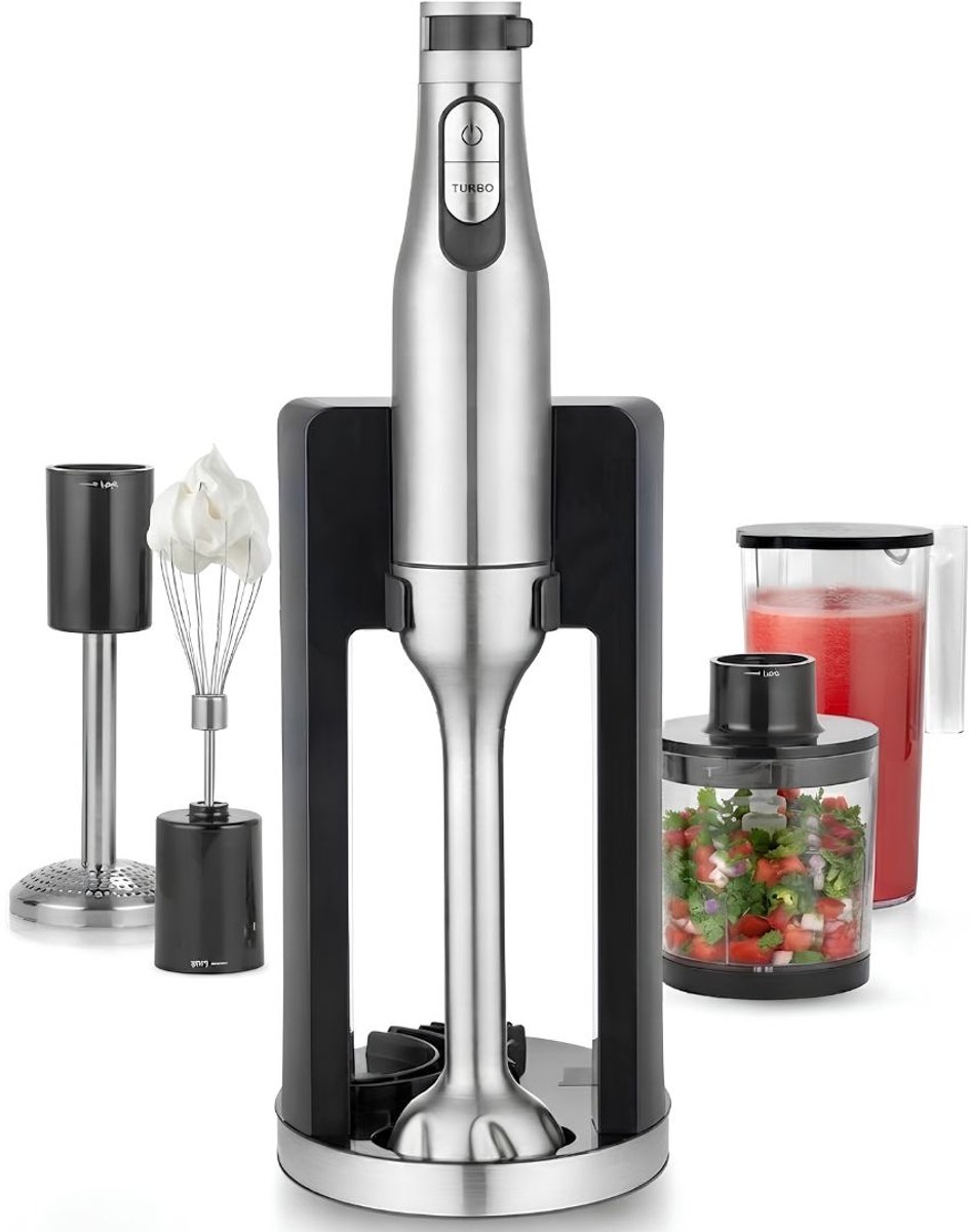 NIVA® Staafmixer Set - Traploos Verstelbaar en Turbo - Professionele Blender - Zilver - 7cm x 7cm x 41cm