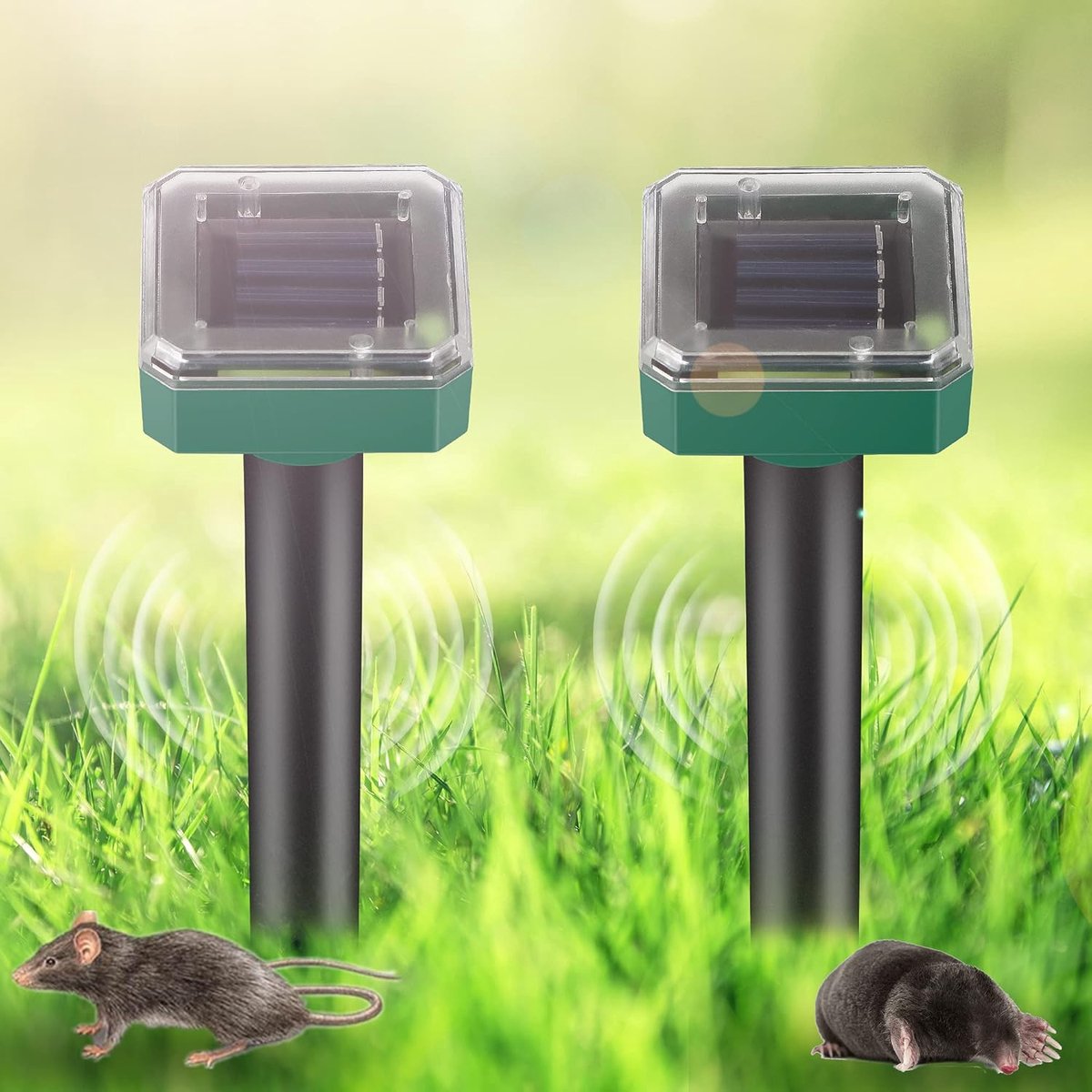 Mollenverjager op zonne-energie, 2 stuks, IP65 waterdicht, op zonne-energie, ultrasone mollenverjager voor verdrijven, mollenbestrijding, ongediertebestrijding voor de tuin