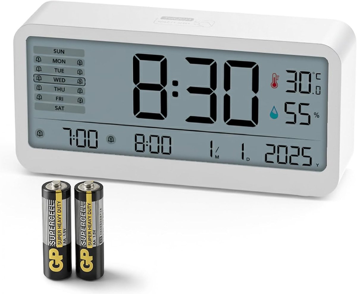 LCD-wekker met temperatuur- en vochtigheidssensor, dubbele wekker met sluimerfunctie, groot LCD-scherm met instelbare achtergrondverlichting, wekker met datumweergave