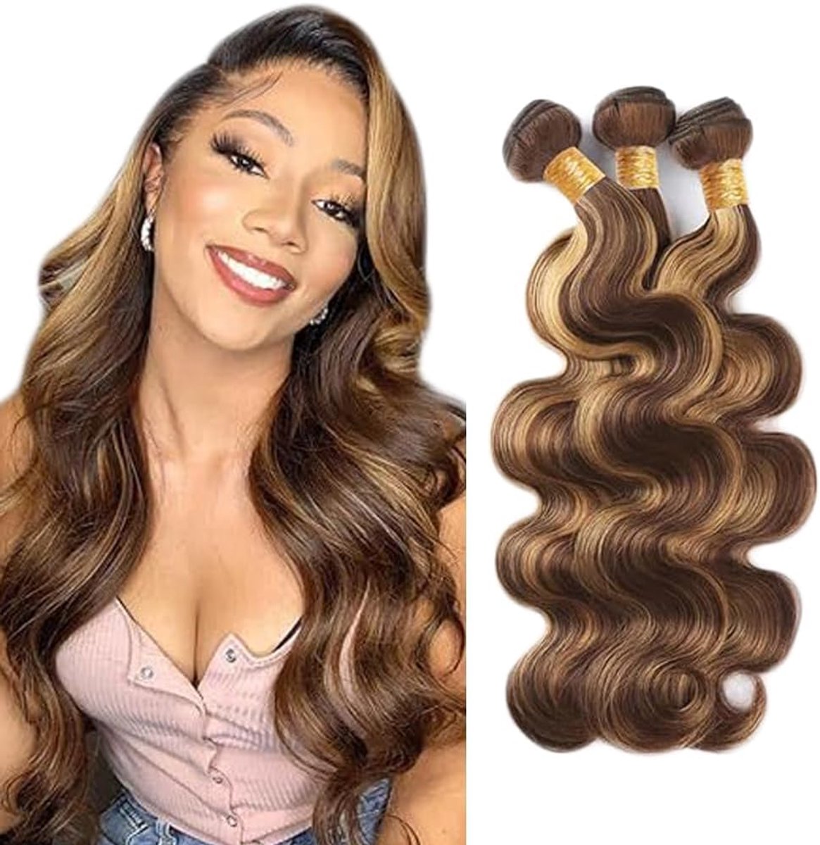 #4/27 Highlight Blonde Bundles Human Hair Extensions Body Wave Brasilien Echthaar Unprocessed Brazilian Virgin Hair Weave 3 Bundles Total 300g For Waman 24 26 28 Inch