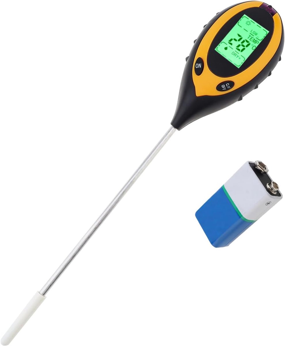 4 in 1 bodemmeter, temperatuur/licht/PH/vochtmeter voor planten/tuin/boerderij met 9V batterij, digitale plantenvocht- en watermeter, bodem PH meter