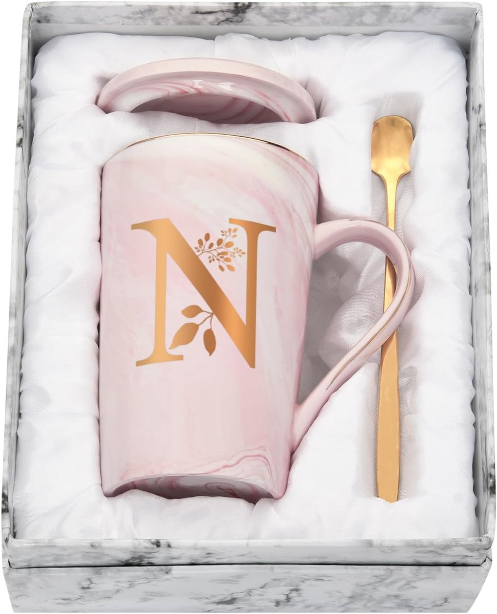 Gepersonaliseerde mok met Letters Koffiemok met Bloemenmotief, Naam Initialen Persoonlijke Geschenken Koffiemok voor Vrouwen Vriendin N - 400 ml Roze