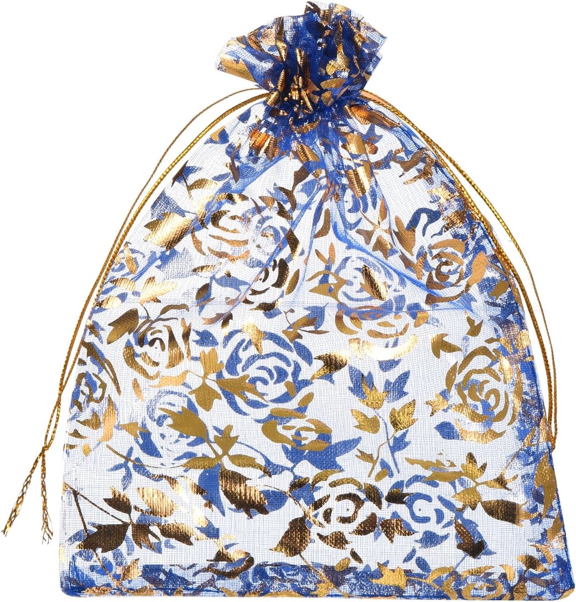 Organzazakjes, 100 stuks, 10 x 15 cm, cadeauzakjes, sieradenzakjes, bloemenpatroon, mesh-zakjes met trekkoord, organzazakjes voor bruiloft, feest, Kerstmis, snoep, blauw-goud