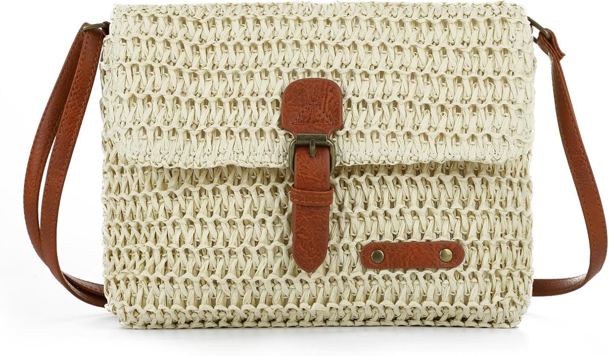 Kleine schoudertas van stro, geweven, voor dames, zomer, casual, boho, schoudertas, bast, synthetisch, gevlochten, voor strand, vakantie, dagelijks gebruik, Beige