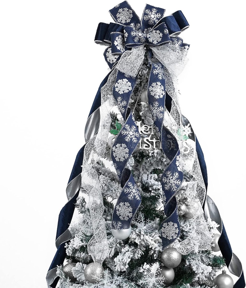 Marineblauwe boomtopper marineblauw kerstboom topper strik 30 cm breed marineblauw zilver glitter kerstversiering kerstversiering zilveren sneeuwvlok slinger strik vakantie lantaarn (1 stuks)