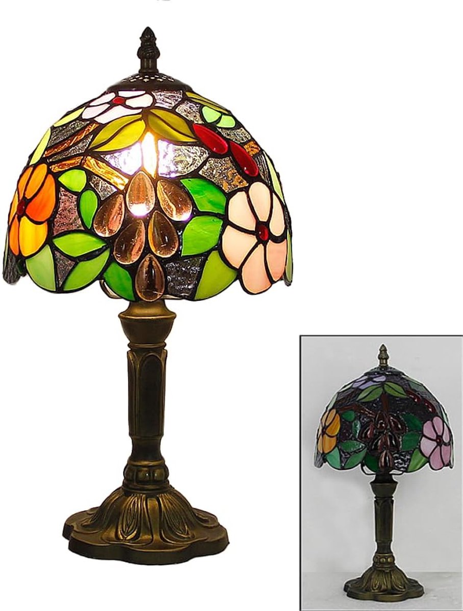 Tafellamp in Tiffany-stijl met glas-in-lood, druivenpatroon, vintage decoratieve verlichting, geschikt voor slaap-/woonkamer, handgemaakte lampenkap van glas-in-lood, kunstzinnige tafellamp.