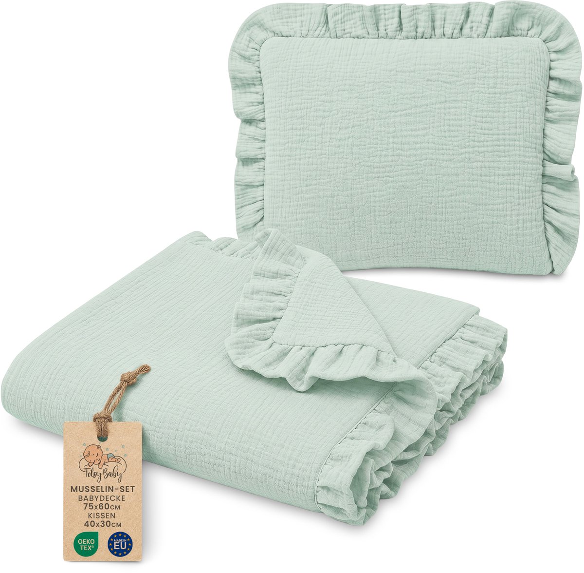 Katoenen Babydeken Set Set: Babydeken 75x60 cm + Kussen 40x30 cm Katoen Muslin voor Kinderwagen Wieg Ledikant Ademend met Ruches Lichtgewicht Zomerdeken Pasgeboren Mintgroen