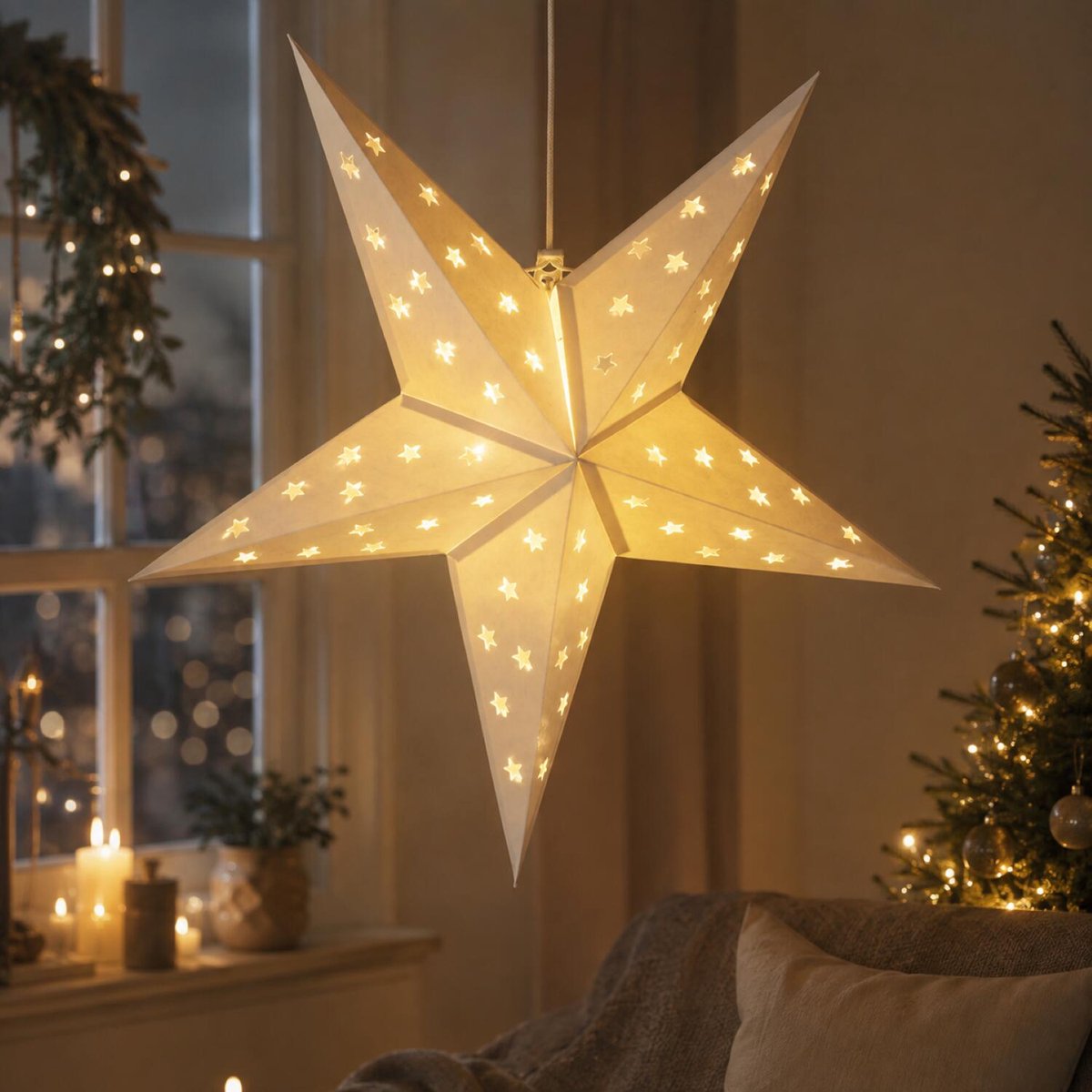 Lumineo kerstster - 60 cm - warm wit licht - op batterijen - papier - sfeervolle kerstdecoratie