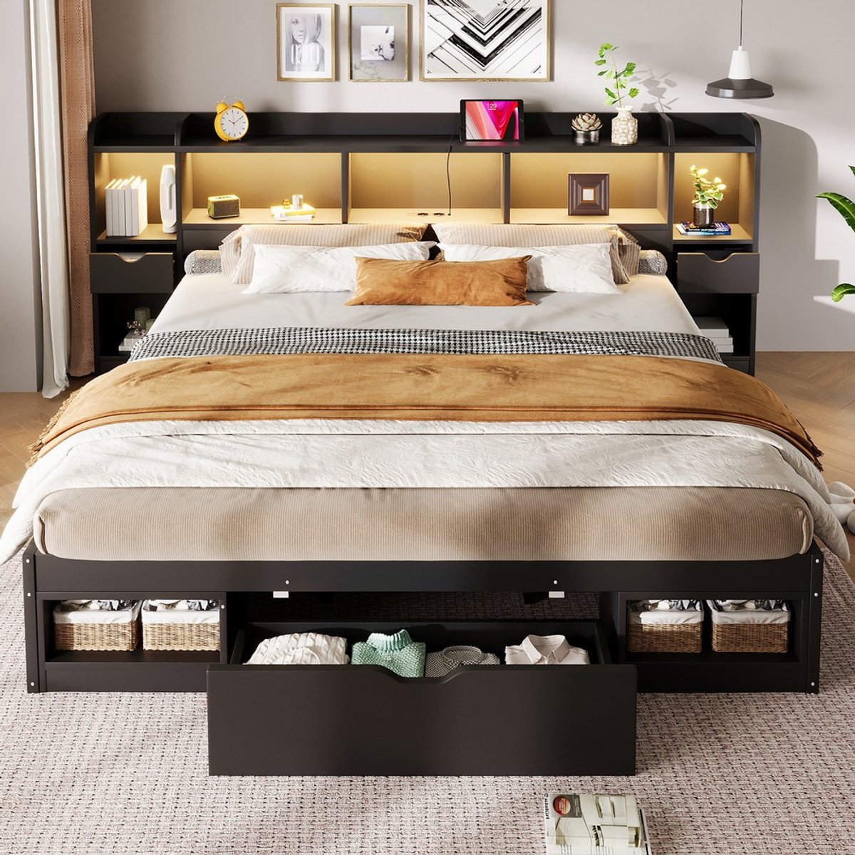 Pugsdrly Platformbedframe (180 x 200 cm), met hoofd- en voeteneinde met opbergruimte, 3 lades, meerdere opbergvakken, LED-lichtstrip en USB-aansluiting, zwart