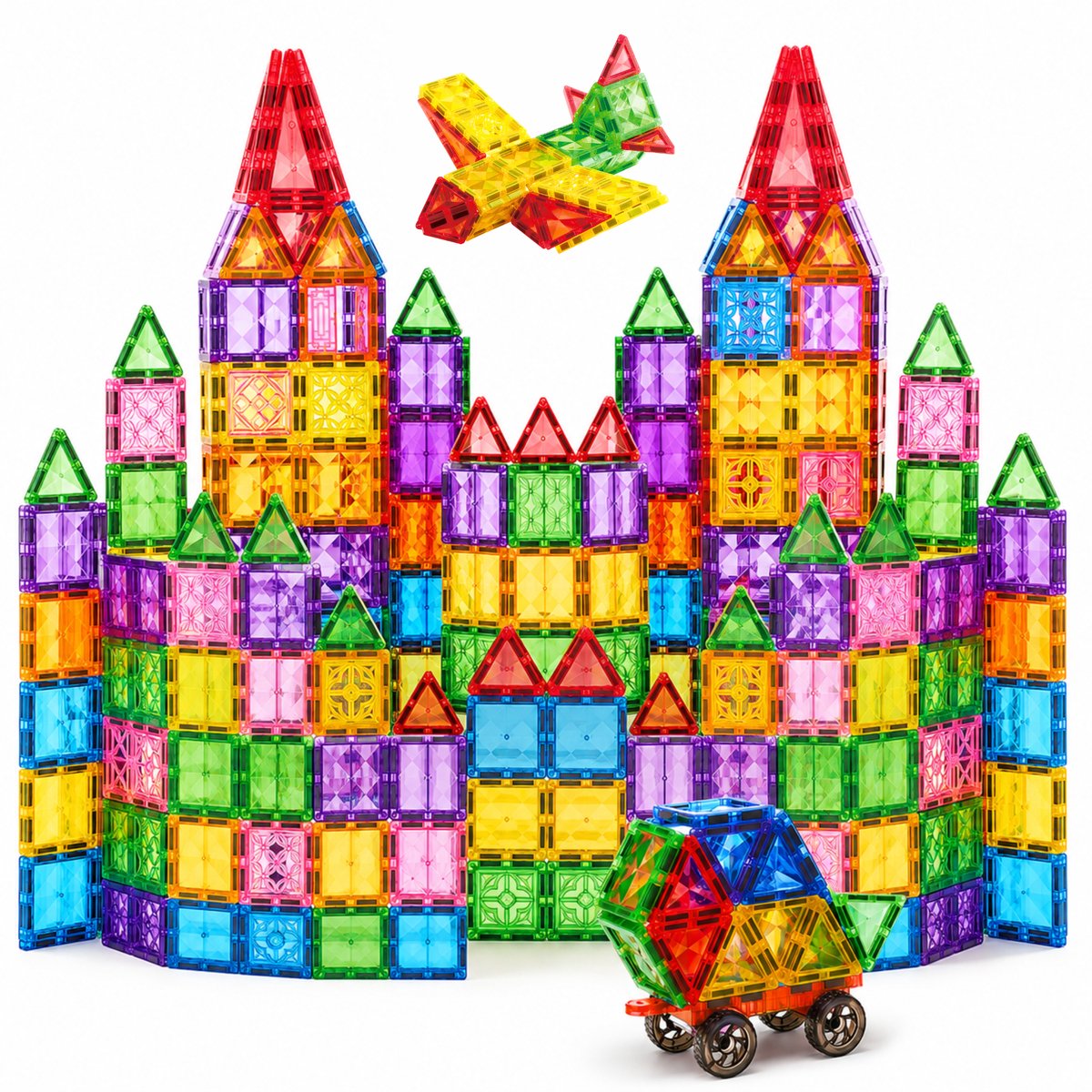 Five Stars® Magnetic Tiles 200 Stuks – Inclusief Bouwopdrachten – Magnetische Tegels Speelgoed – Magnetisch Bouwspeelgoed – Montessori Educatief – Constructie Bouwstenen – Magna Tiles - Cadeau voor Jongens & Meisjes
