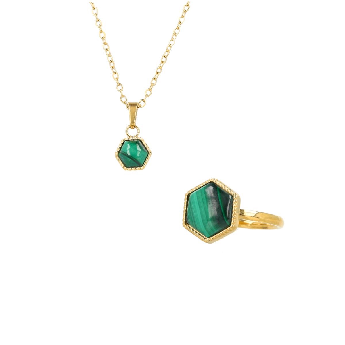 My Bendel - Set Goudkleurig met Malachite Edelsteen - Ring en Ketting - met Luxe Cadeauverpakking | Sieraden Voor Dames | Maat 16.00 Mm / Maat 50