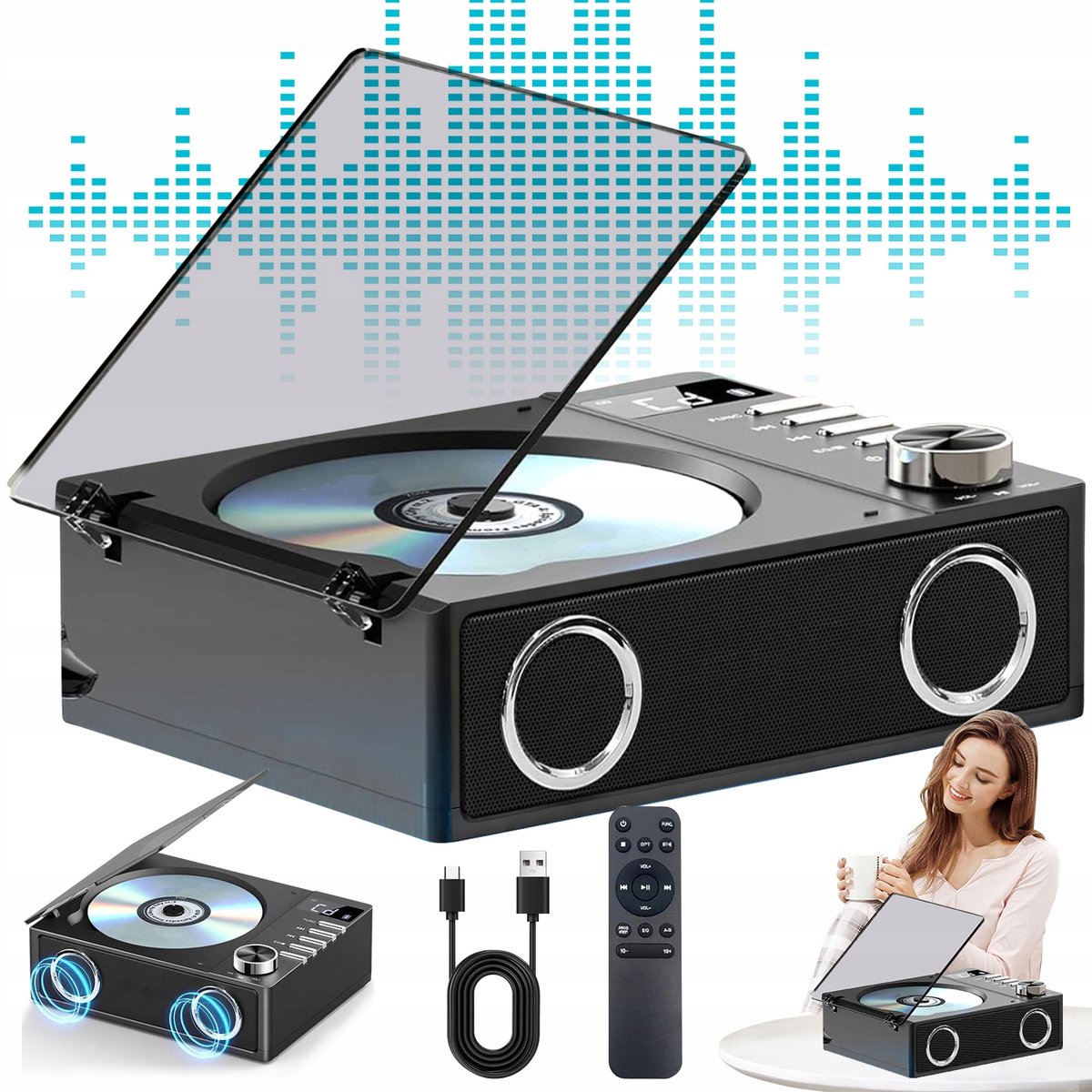 Multifunctionele CD Speler - Draagbare CD Speler - Bluetooth 5.3 - 9-in-1 - Bluetooth Luidspreker - USB/TF/AUX - Lange Batterijduur - Voor Slaapkamer Woonkamer en Kantoor - Retro