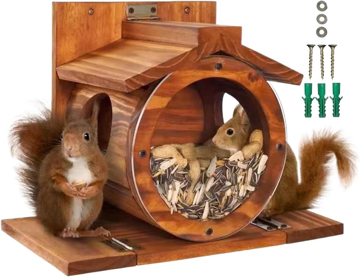 Eekhoorn Voederhuisje - Voederautomaat Hout - Dieren Observeren - Weerbestendig Ontwerp - 26 x 22 x 20 cm - Natuurlijk Hout