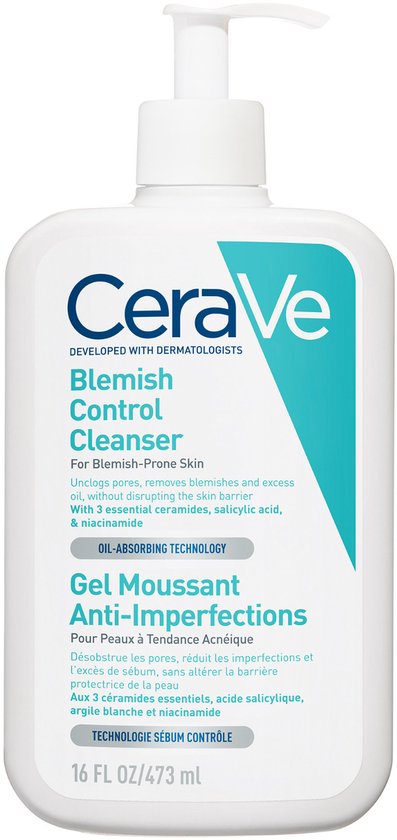 Witte CeraVe Blemish Control Cleanser fles met een pompdispenser. Label is wit met blauwe en groene accenten.