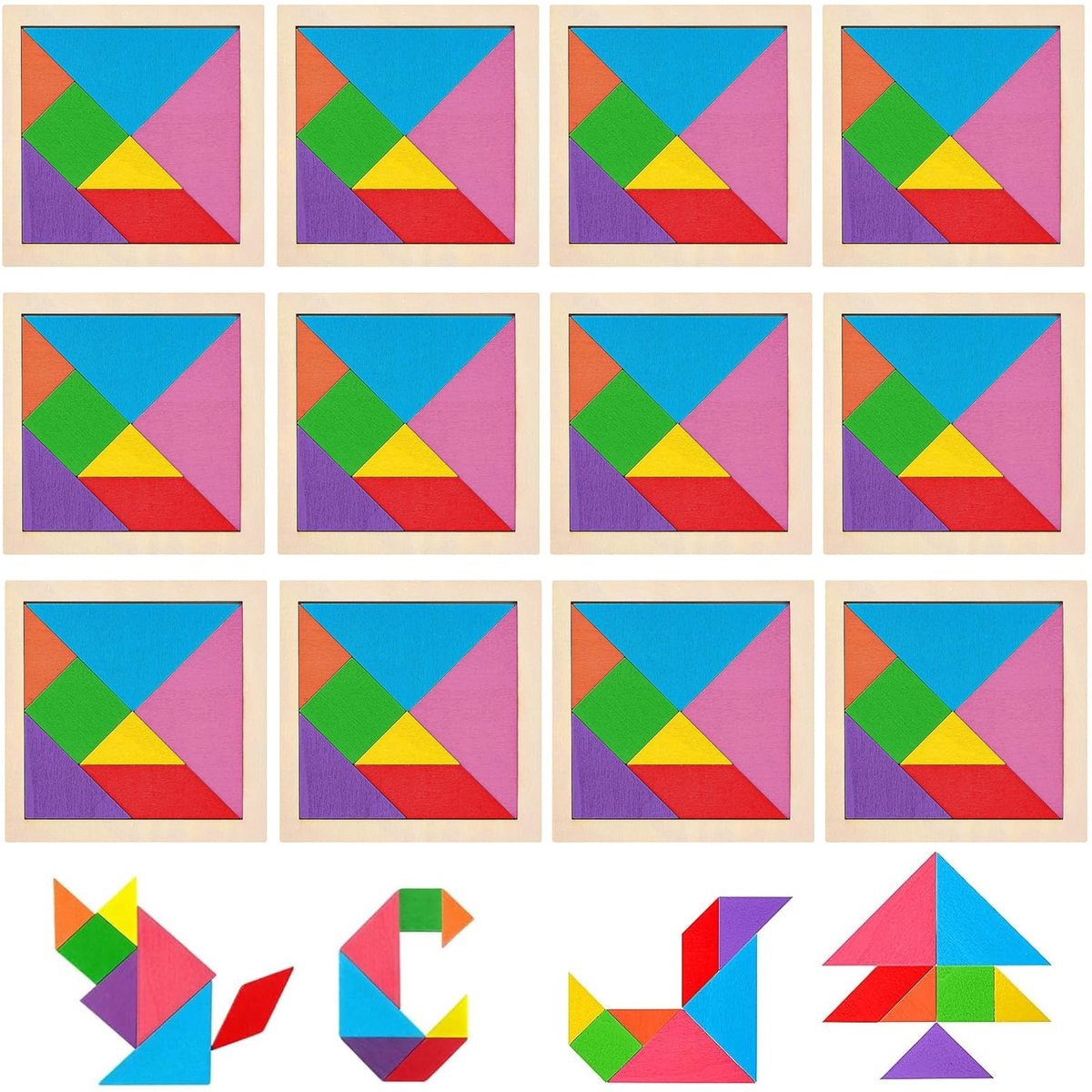 SolidKeus - 12 Stuks Houten Tangram Puzzels voor Kinderen en Volwassenen