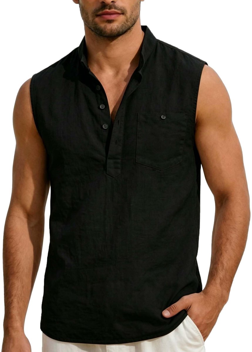 SolidKeus - Heren Linnen Shirt, Mouwloos, Casual Zomer Tanktop