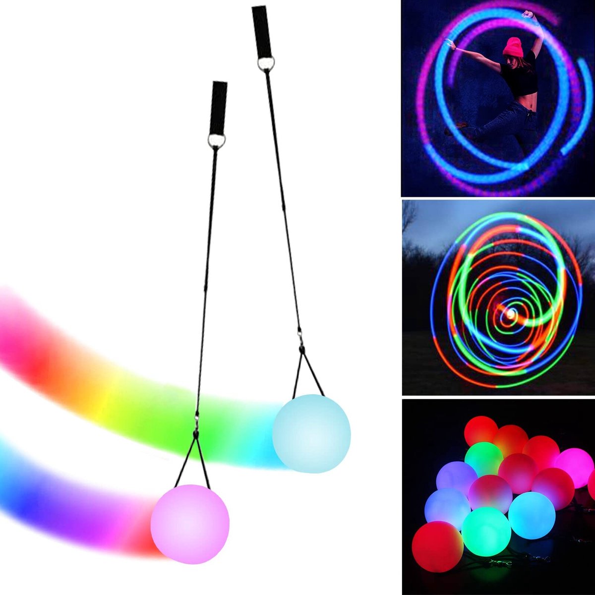 SolidKeus - LED Poi Ball Set, 2 Stuks met Regenboog Kleuren