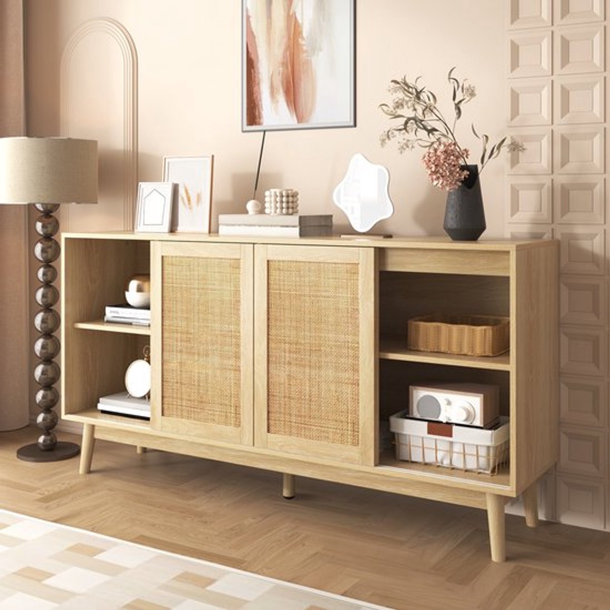 Bamboekast – Opbergkast – Ladekast – Kast – Boekenkast – Vloerstaande Kast – 3 Schuifdeuren – 2 Lades – Duurzaam Bamboe – Ruime Opbergruimte 155x38x80 cm