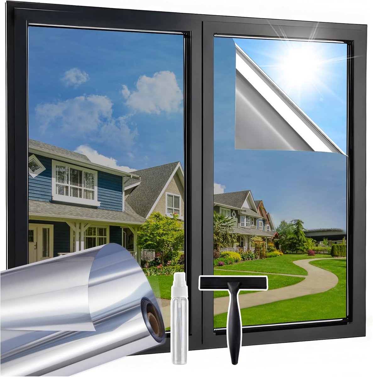 Spiegelfolie - raamfolie - ondoorzichtig - inkijkbescherming van buiten - 44 - 5 x 200 cm - zonwerende folie met uv-bescherming en hittebescherming - zelfklevend - ideaal voor woonkamer en kantoor