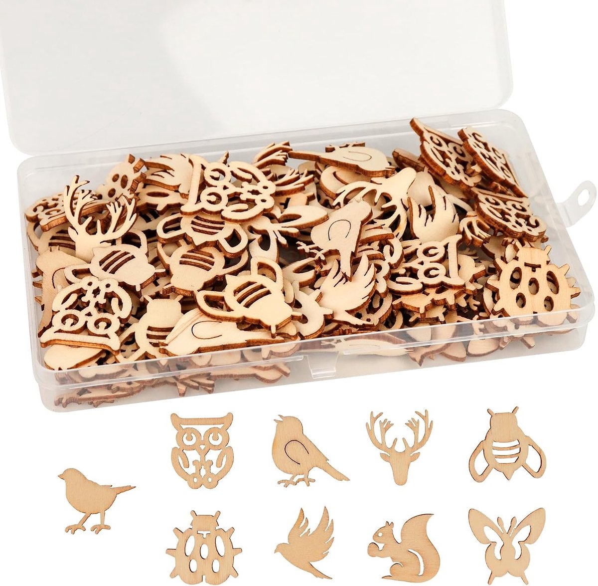 Set van 100 Houten Dieren Figuren - Natuurlijke Houten Schijven voor Decoratie en Knutselen - Onbehandelde Houten Cutouts voor Tafeldecoratie en Feestversiering