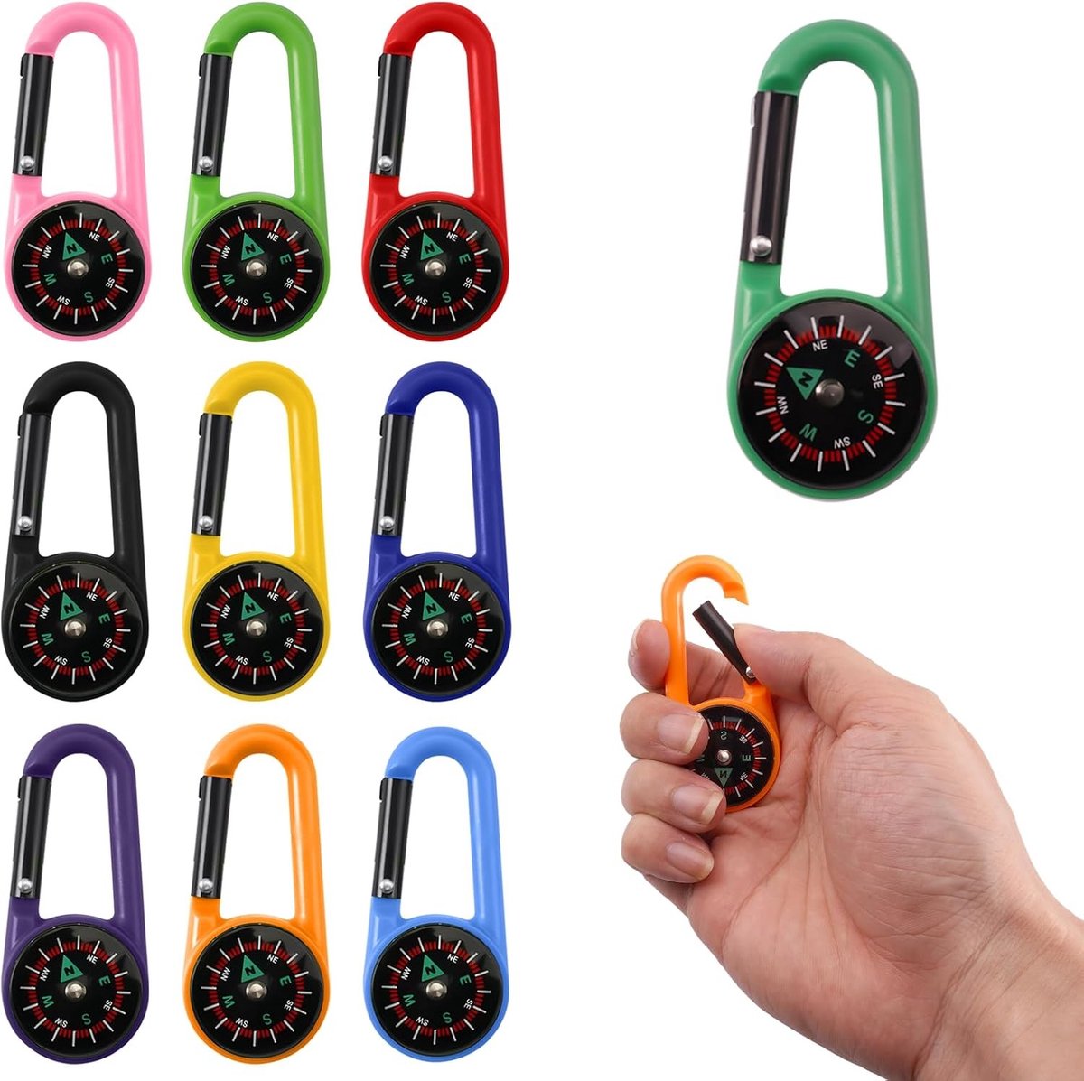 Set van 10 Kompas Sleutelhangers met Karabiner | Professionele Mini Kompassen voor Kamperen, Wandelen en Overleving