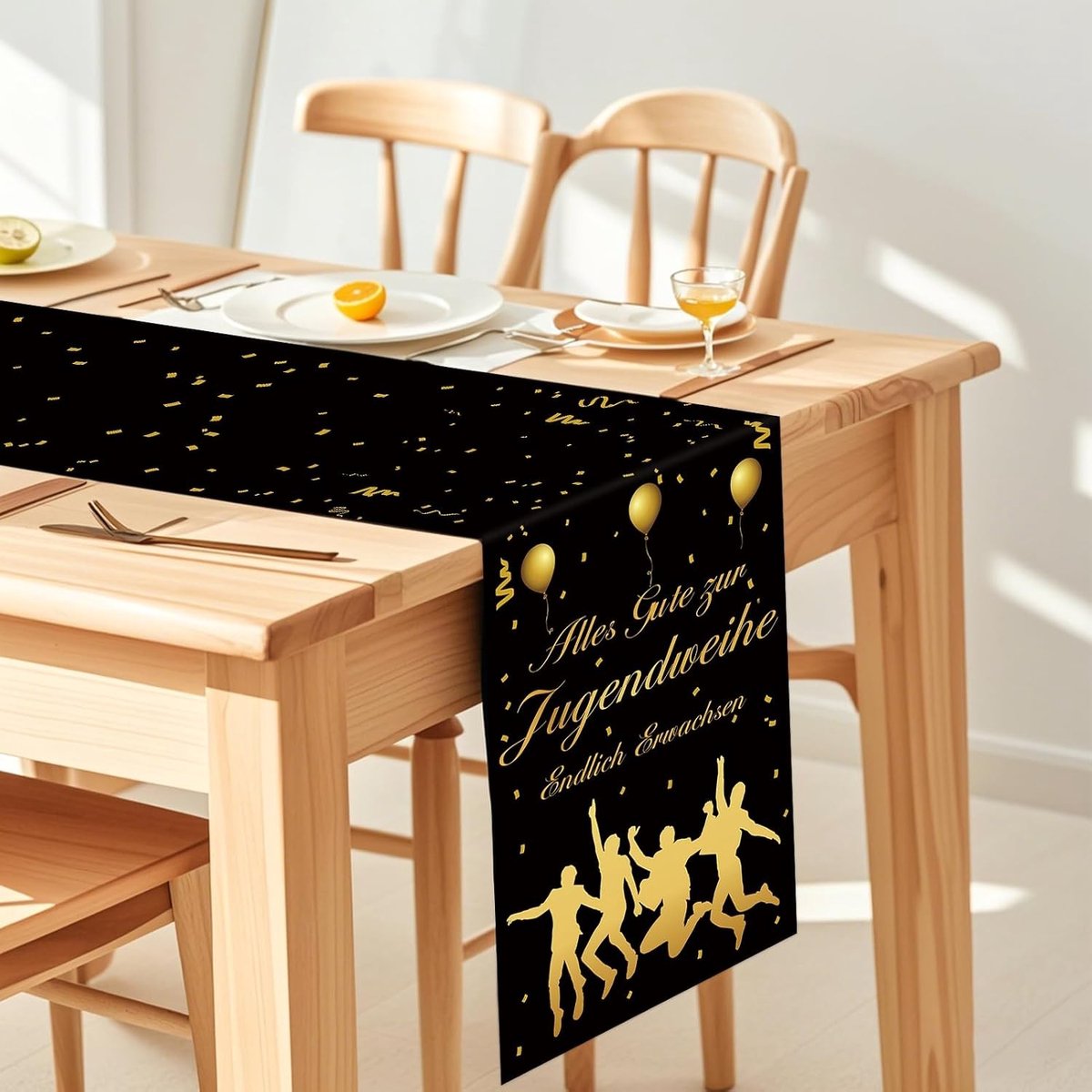 Tafelloper - Tafeldecoratie - Jeugdfeest decoreren - Levendig patroon - 30 x 270 cm - Zwart/Goud