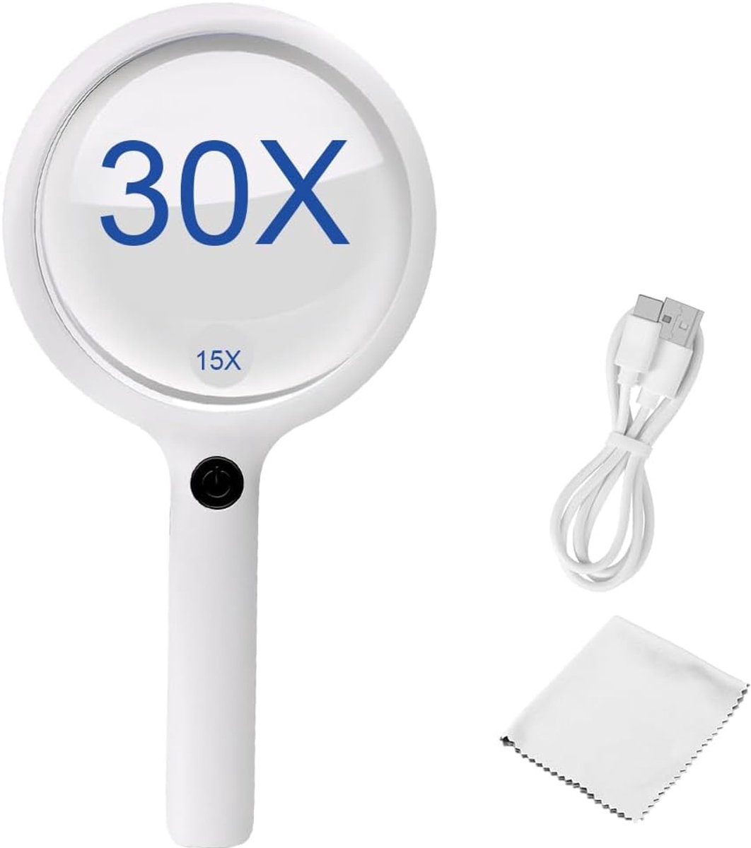 Vergrootglas met licht, 30-voudige vergroting, leesloep met licht, USB-oplaadbaar, 3 lichtmodi met 20 leds, handloep voor senioren, groot om te lezen, hobby, handwerk, munten, postzegels