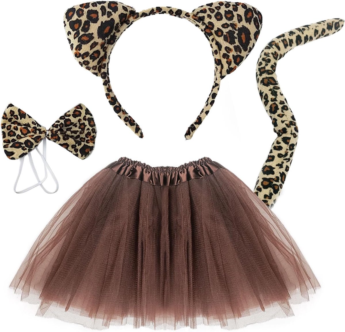 4-delige hoofdbandset met luipaardoren, inclusief tutu-dierenrok, kostuumoren, staart, vlinderdas voor peuters, kinderen, Halloween, verkleedkleding, verjaardag, kostuumaccessoires