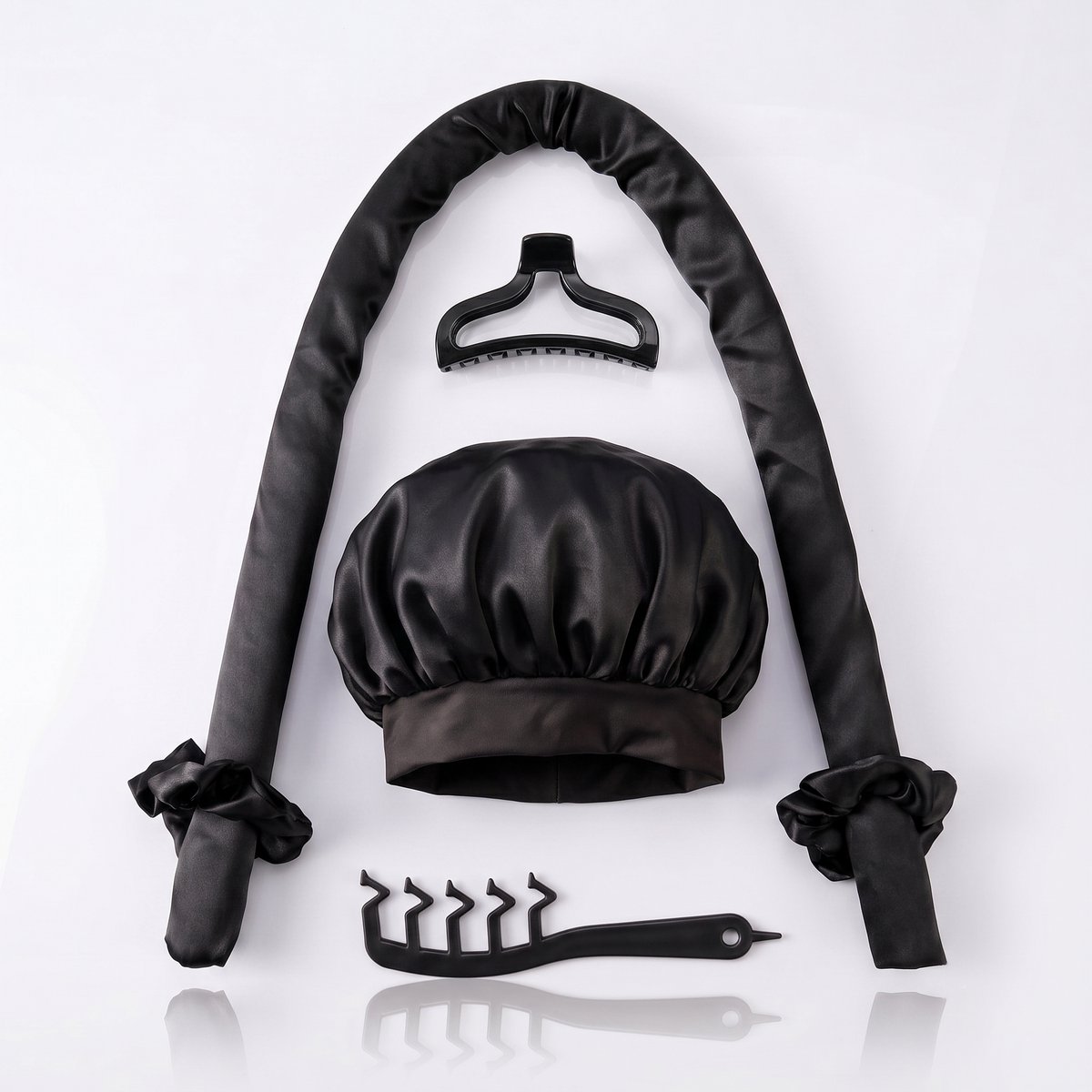 Premium Heatless Curls Set Inclusief Satijnen Haarmuts & 5 Accessoires - Extra Lange Warmteloze Haarrollers Krulspelden - Krullen Zonder Hitte - TikTok Haarkruller - Eclipse Black
