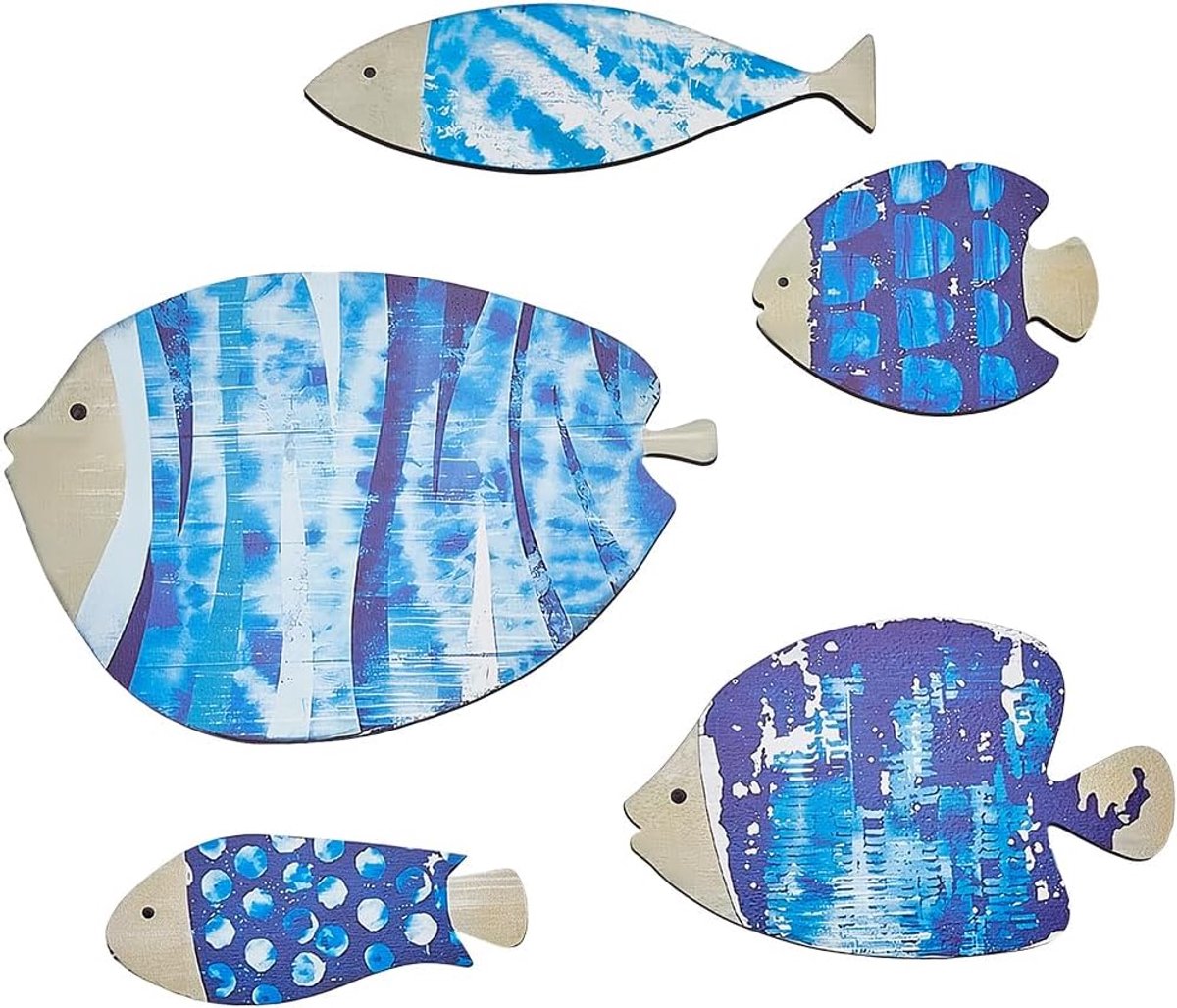 5 Stks Houten Vis Muur Decor Nautische Strand Decor Houten Kust Oceaan Wall Art Decor Vintage Dodger Blauwe Vis Muur Opknoping Sculpturen Ornamenten met Stickers voor Thuis Lake House