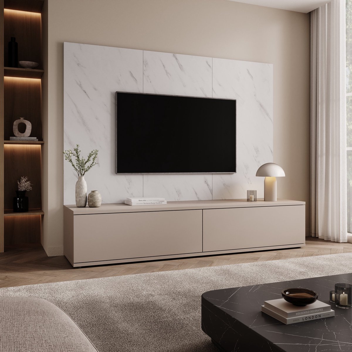 Meubella - Gaviny - Wandmeubel - Beige/Wit marmer - 180x45x155 cm