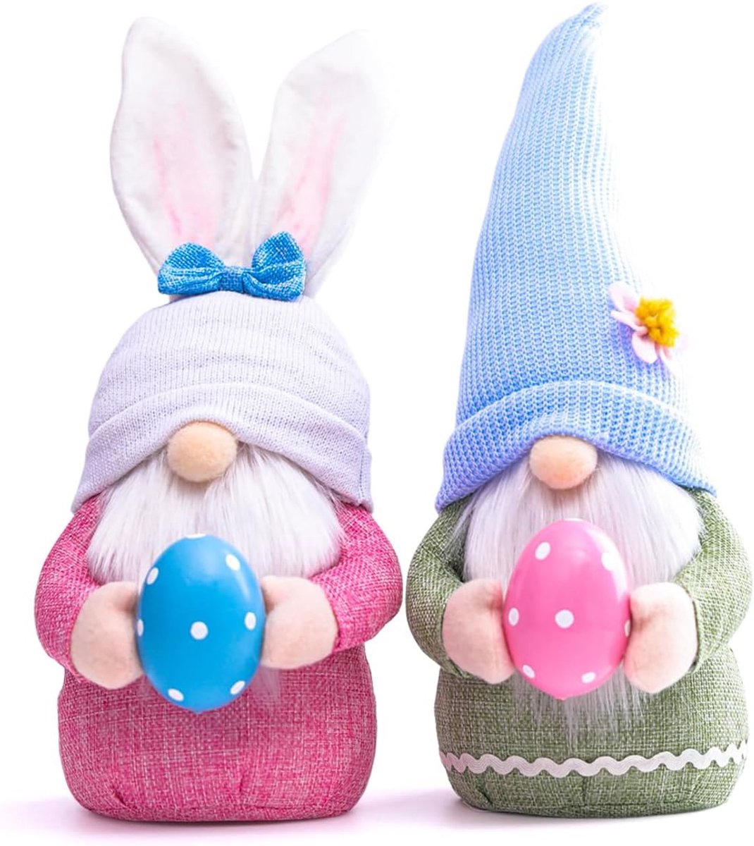 2 stuks paaskabouters, paasdecoratie, kabouter, pluche, paasdecoratie, kabouterfiguren met paaseieren, lente, voor Pasen, lente, decoratie, buiten en binnen