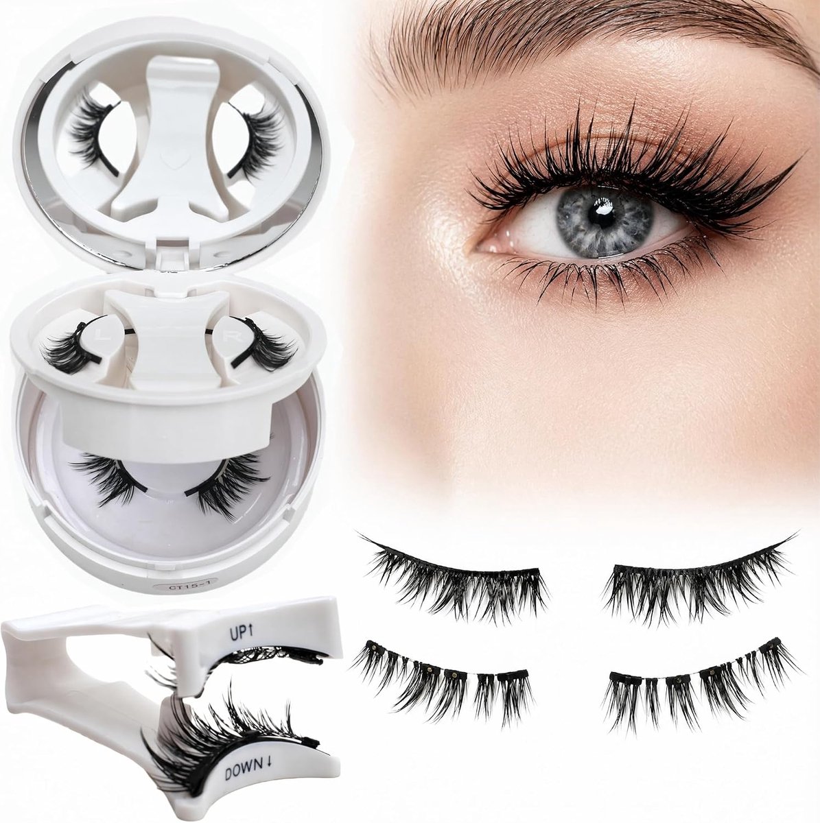 2 paar magnetische wimpers set zonder eyeliner - lijmvrije magnetische wimpers met 3 magneten & zilveren puntmarkering voor onderscheid - herbruikbaar - incl. UP/DOWN applicator & etui met spiegel