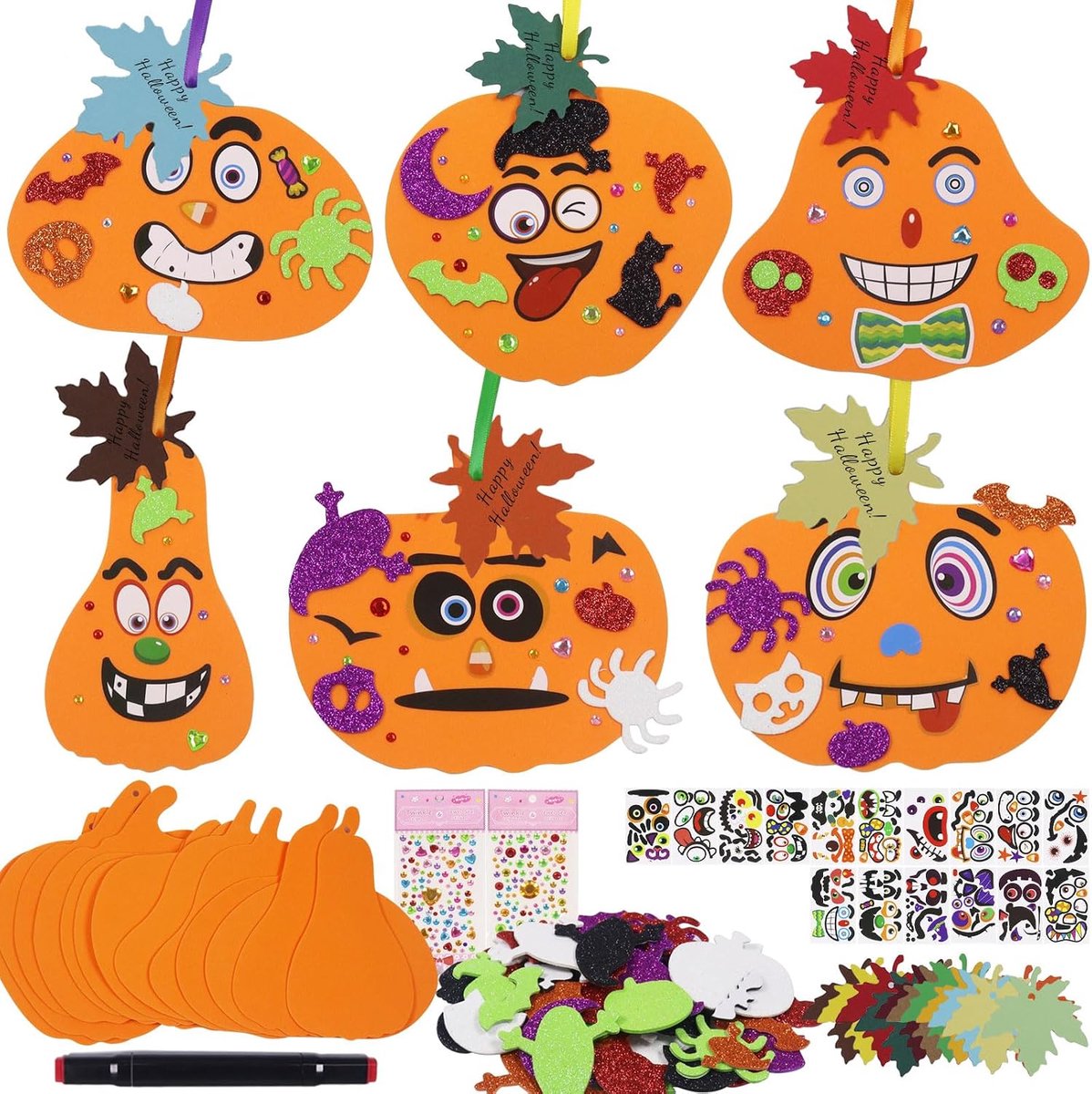 Knutselen voor kinderen, 12 stuks doe-het-zelf pompoendecoratie, Halloween knutselset, herfst, knutselen met 50 stickers, 12 esdoornbladeren, pompoen knutselset, Thanksgiving handwerk