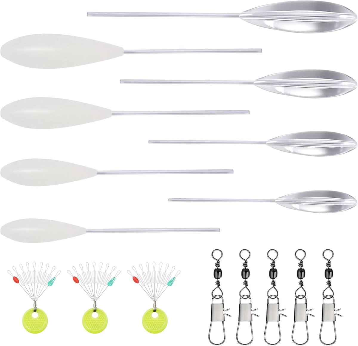 Set van 16 stuks, 4 x Spirolino zinkend, 4 x Sbirolino drijvend (8 g, 10 g, 15 g, 20 g), 5 x drievoudige wervels en 3 maten koordstoppers voor Visspullen, Sbirolino forelset voor